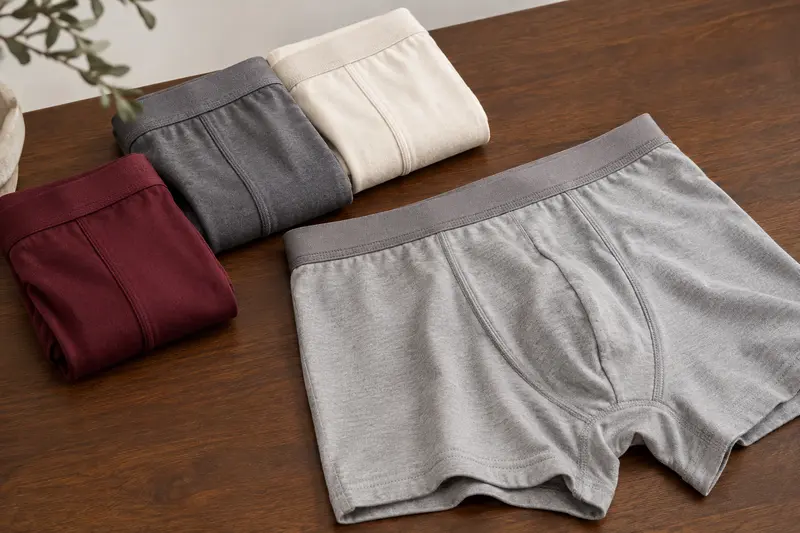 Boxers homme pliés en bordeaux, gris et écru avec ceinture visible