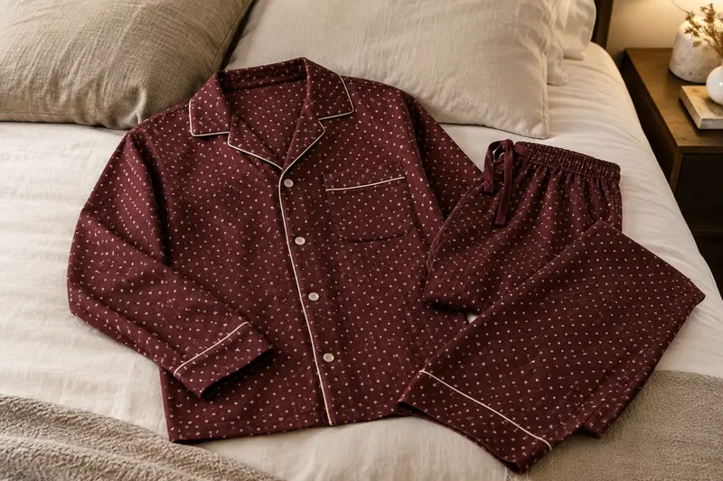Ensemble de pyjama homme bordeaux et écru posé sur un lit neutre