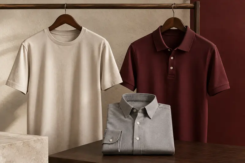 T-shirt, chemise et polo pour homme présentés sur cintres et pliés