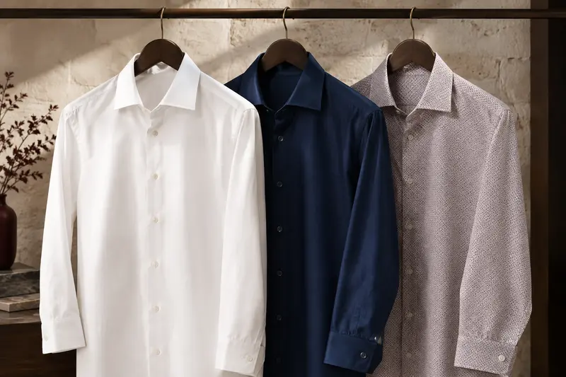 Chemises homme blanche et bleu profond suspendues sur des cintres en bois