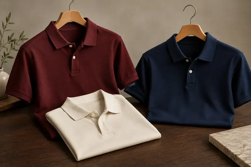 Polos homme en piqué bordeaux, écru et bleu nuit sur une table