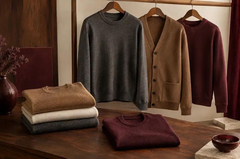 Pull, cardigan et sweat homme présentés pliés dans un décor sobre