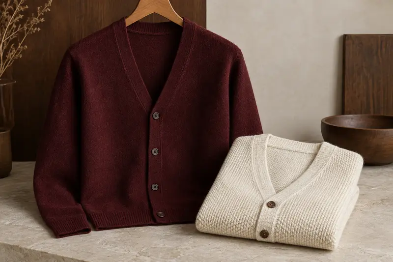 Cardigans homme bordeaux et écru montrant maille, boutons et poignets