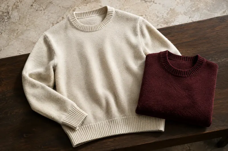 Pull homme en maille écru posé à plat avec les détails du col visibles