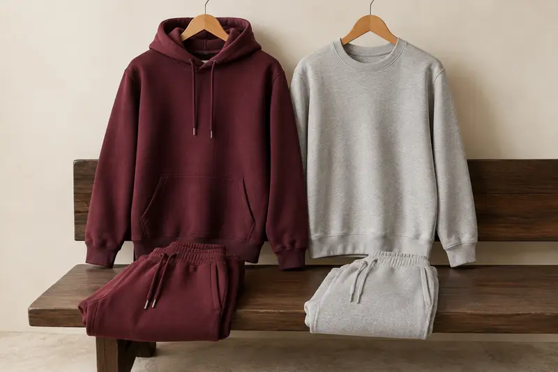 Sweat homme à capuche et modèle col rond posés sur une banquette