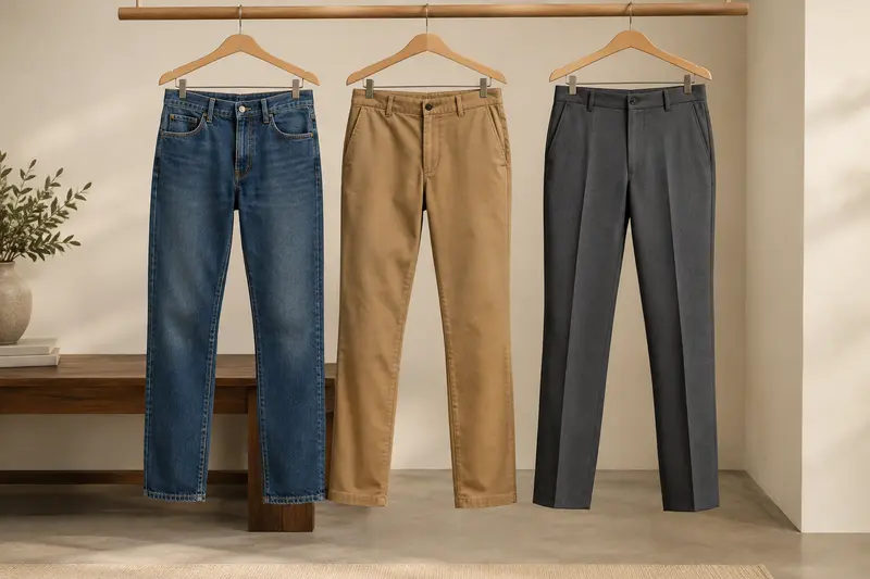 Jean, chino camel et pantalon de ville gris présentés sur des cintres