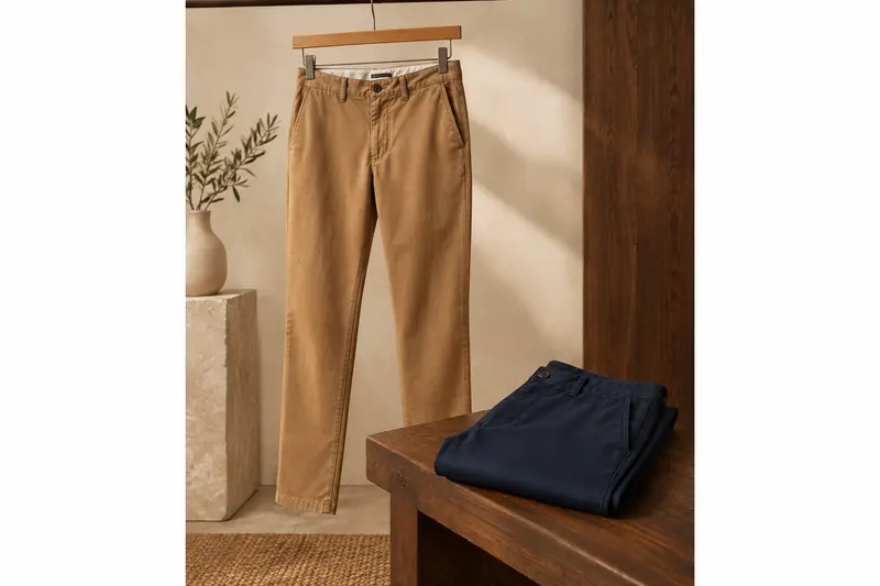 Pantalons chinos homme camel et bleu nuit avec poches visibles