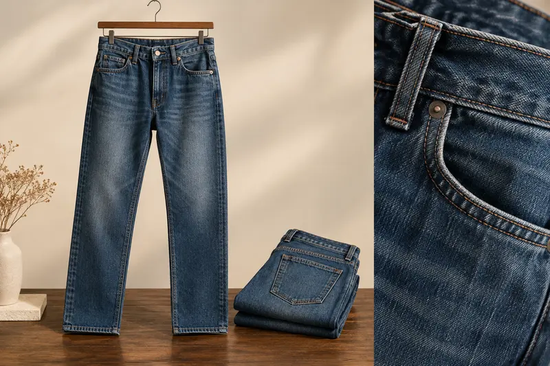 Jean homme en denim bleu suspendu, avec poches et surpiqûres visibles