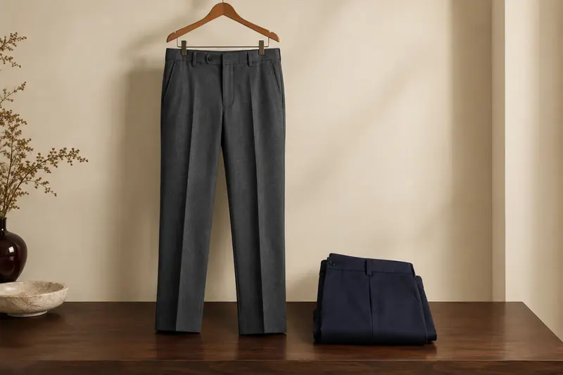 Pantalon de ville homme gris anthracite présenté sur un cintre en bois