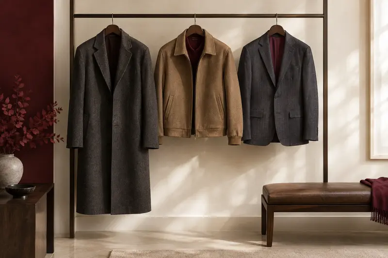 Manteau, veste décontractée et costume homme suspendus sur des cintres
