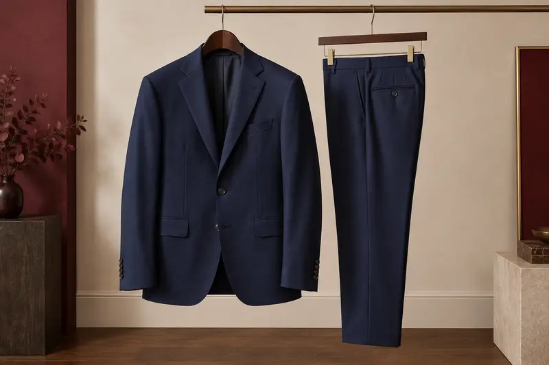 Costume homme bleu nuit avec veste et pantalon assorti sur cintres