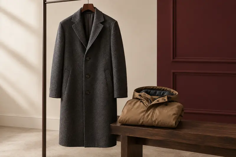 Manteau long homme en laine suspendu près d’une parka pliée