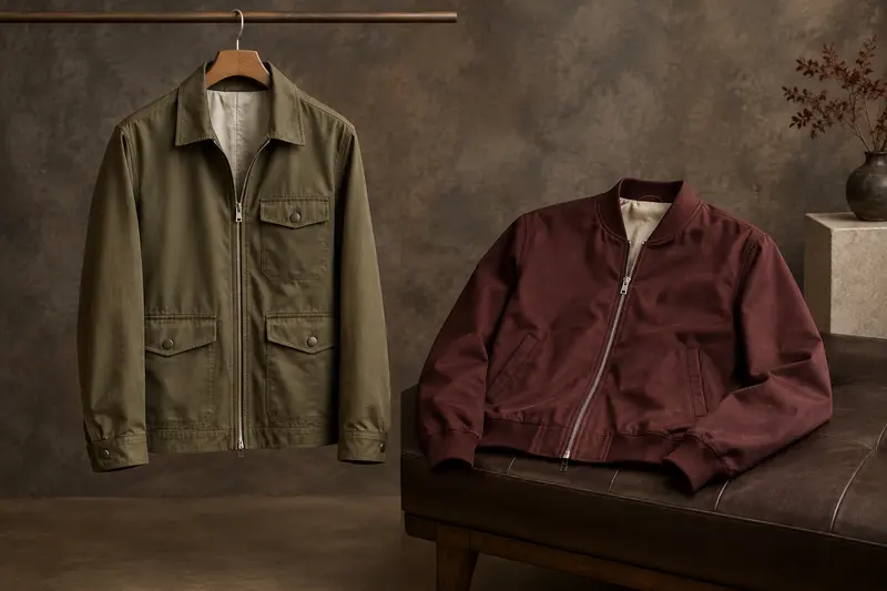 Veste homme légère kaki et blouson sur une banquette en bois sombre