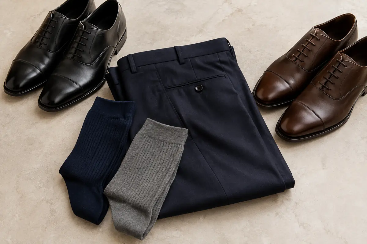 Pantalon de costume bleu marine, chaussettes unies et chaussures de ville sobres présentés ensemble