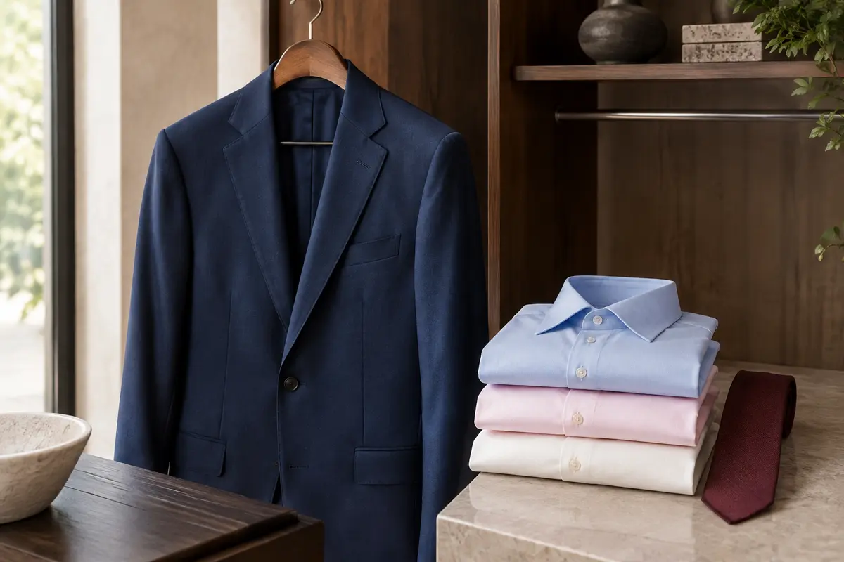 Costume bleu marine accompagné de chemises bleu clair, rose pâle et écrue et d’une cravate bordeaux