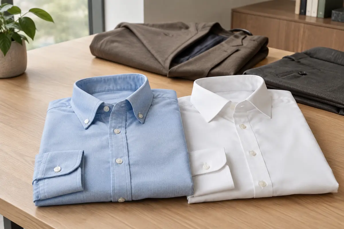 Chemise oxford texturée et chemise en popeline lisse présentées côte à côte dans un bureau sobre.