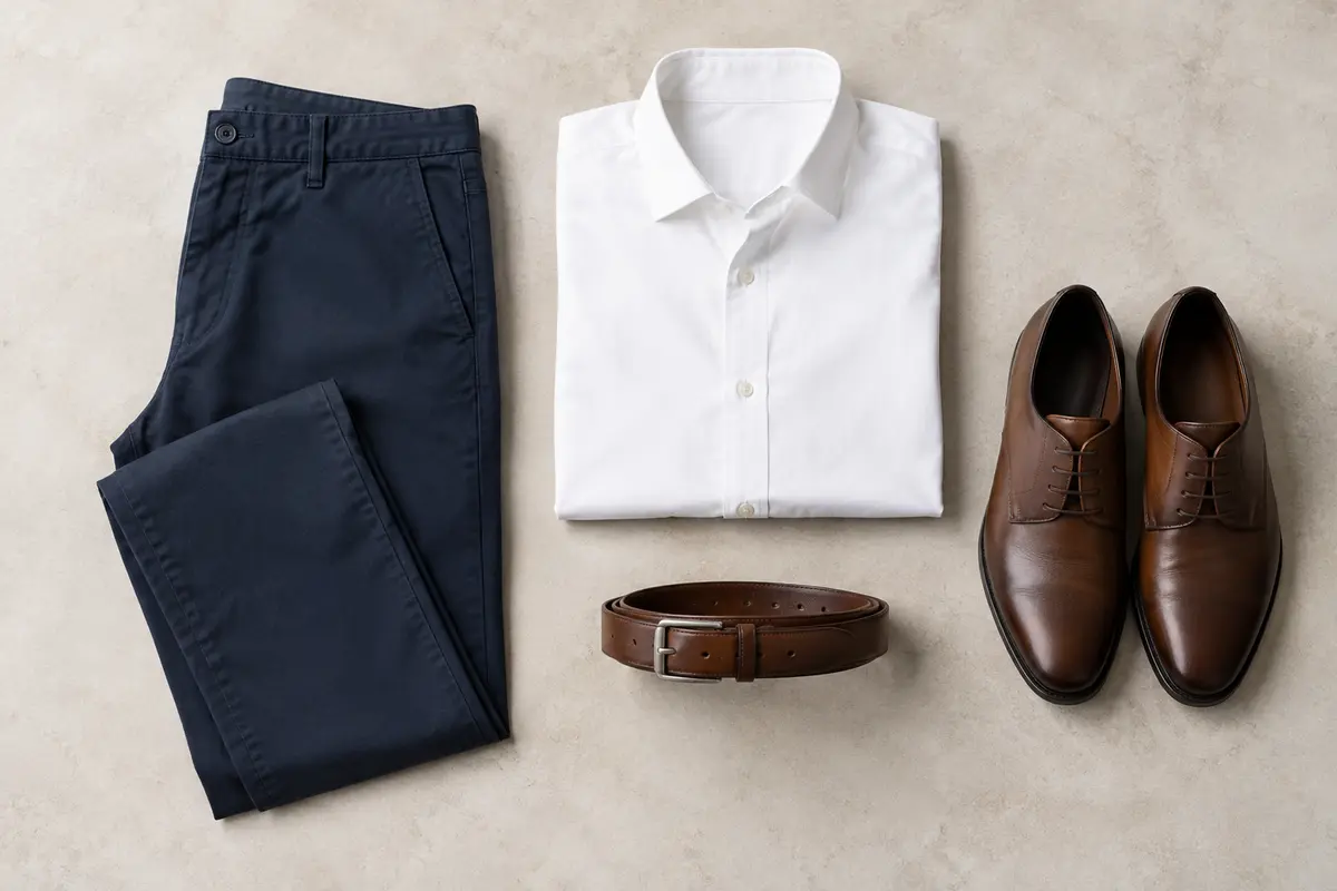 Chino bleu marine associé à une chemise blanche et des chaussures sobres pour un entretien.