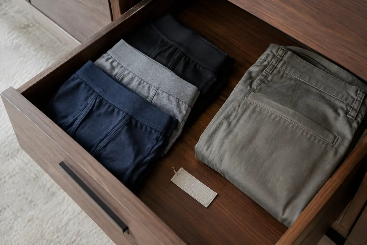 Boxers pliés dans un tiroir, avec un pantalon en coton pour évoquer le confort et l’entretien.