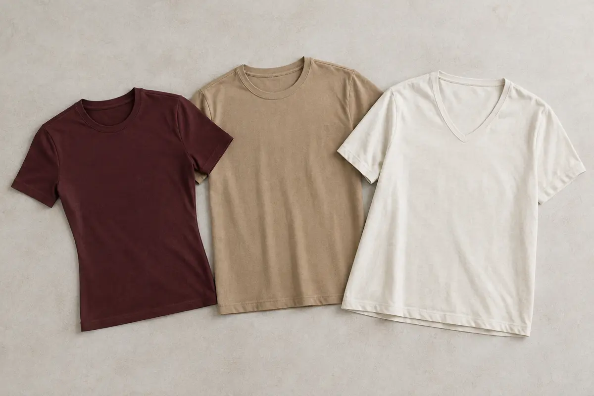 Trois T-shirts homme aux coupes ajustée, droite et ample, avec cols ronds et col en V.