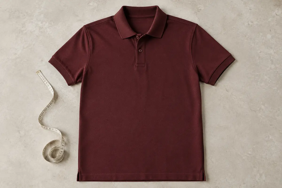 Polo homme uni posé à plat, montrant le col, les manches et l’ourlet à comparer pour choisir la bonne coupe