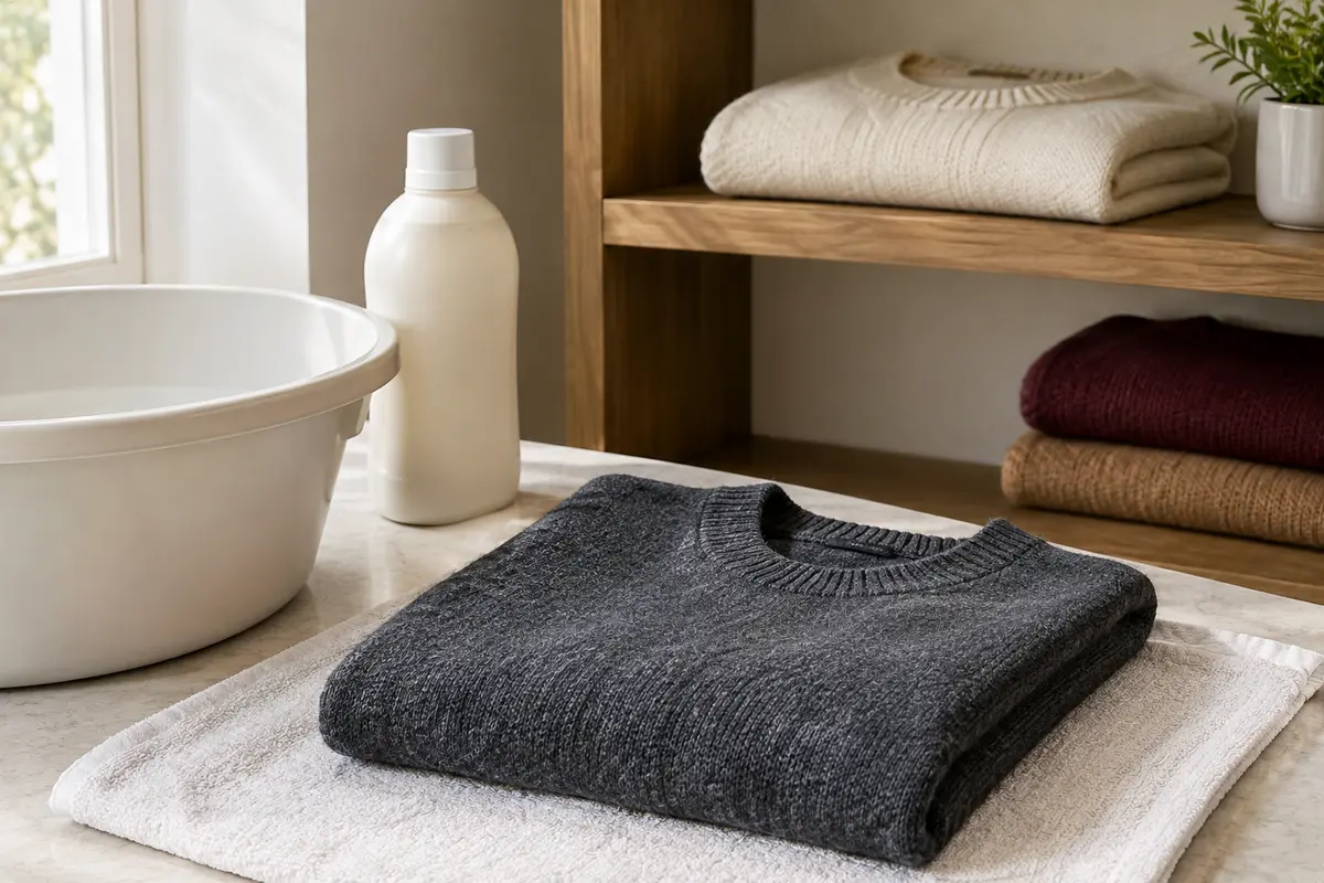 Pull en laine étendu à plat sur une serviette, avec une maille pliée prête à être rangée