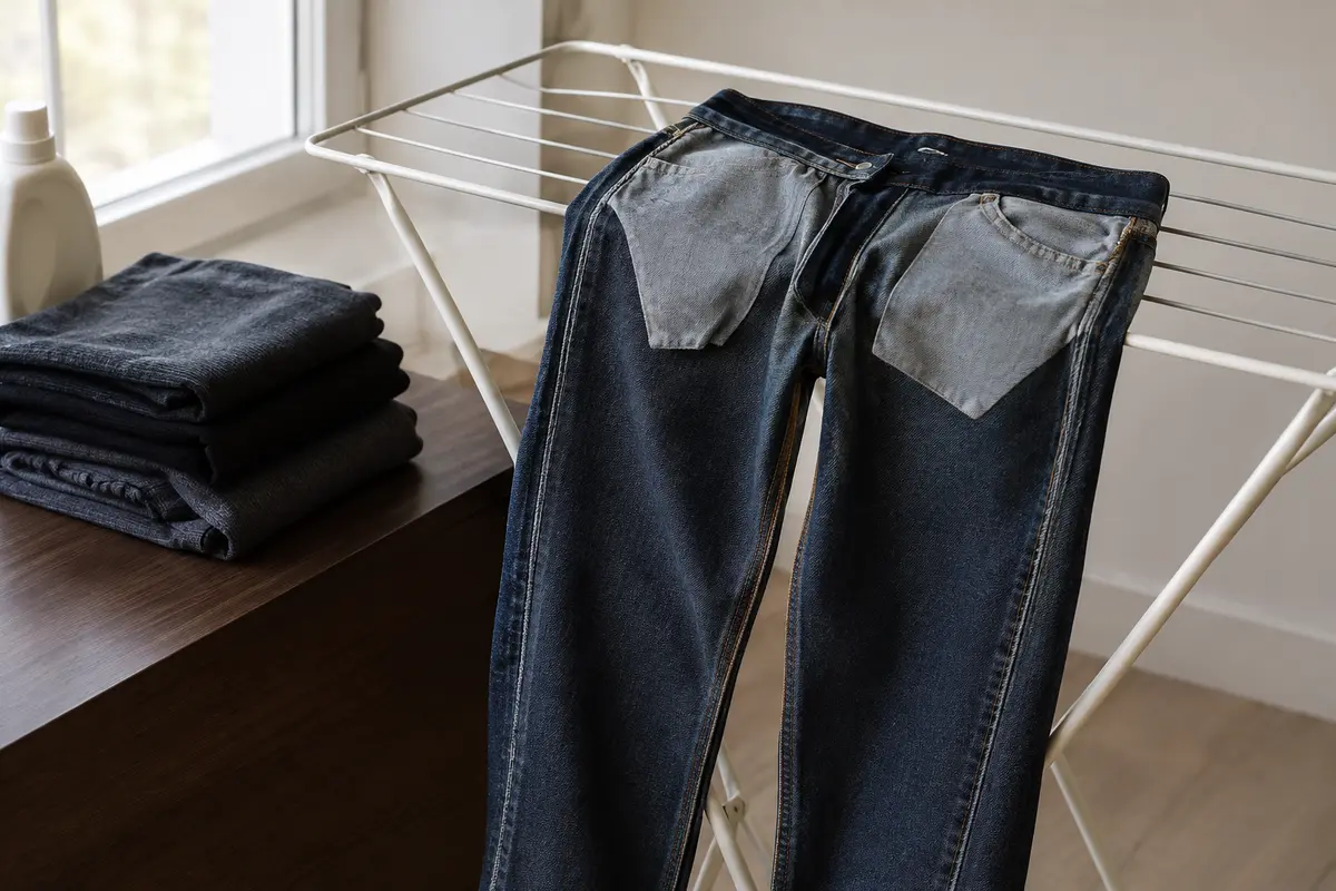Jean en denim foncé retourné sur l’envers et séchant à l’air libre dans une lumière douce.