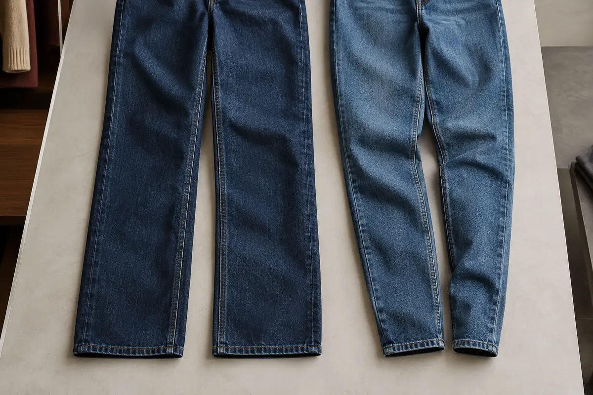 Deux jeans en denim comparés côte à côte, avec une jambe droite et une coupe resserrée vers la cheville.