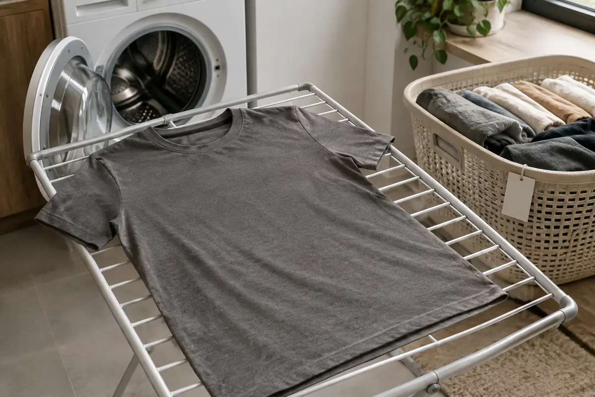 T-shirt homme uni séchant à plat près d’une machine et d’un panier de linge trié