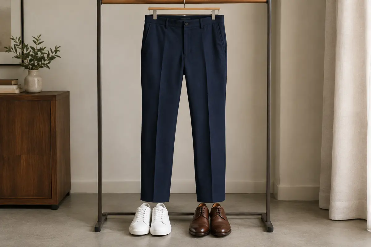 Pantalon bleu marine présenté avec baskets et chaussures de ville pour comparer sa cassure.
