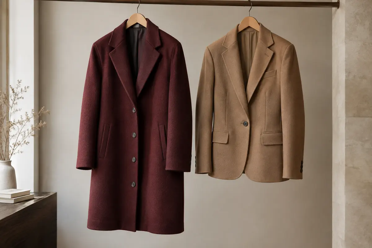 Manteau mi-long et veste de costume sur cintres, montrant leur longueur et le volume des épaules