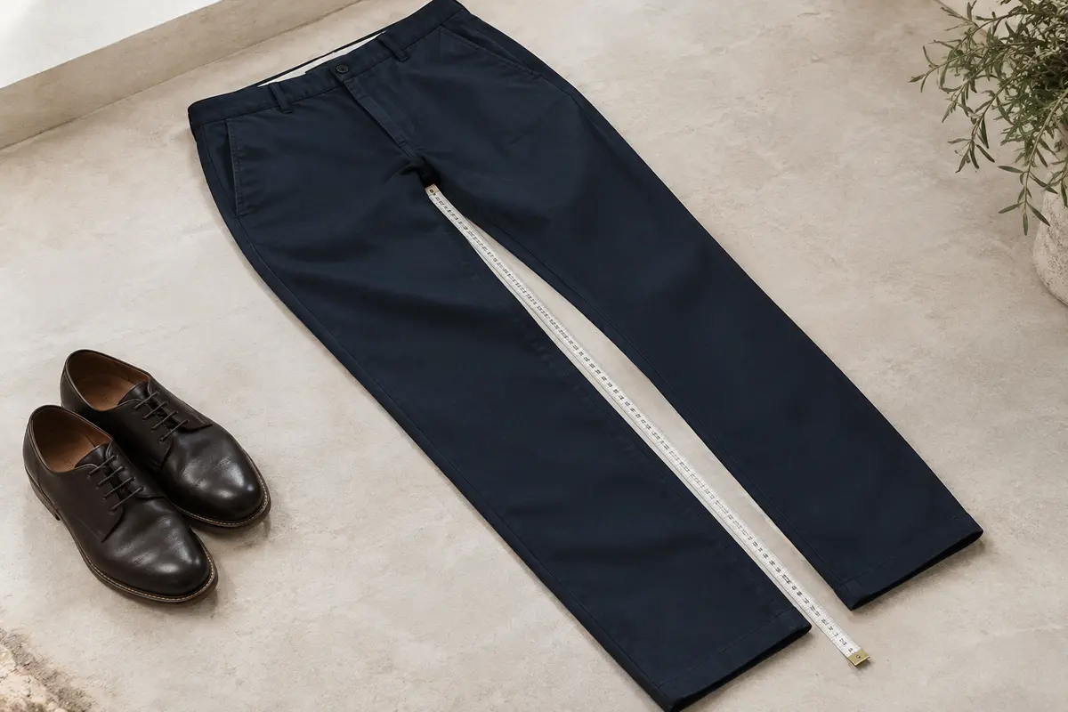 Pantalon homme posé à plat avec un mètre le long de la couture intérieure et des chaussures à côté.