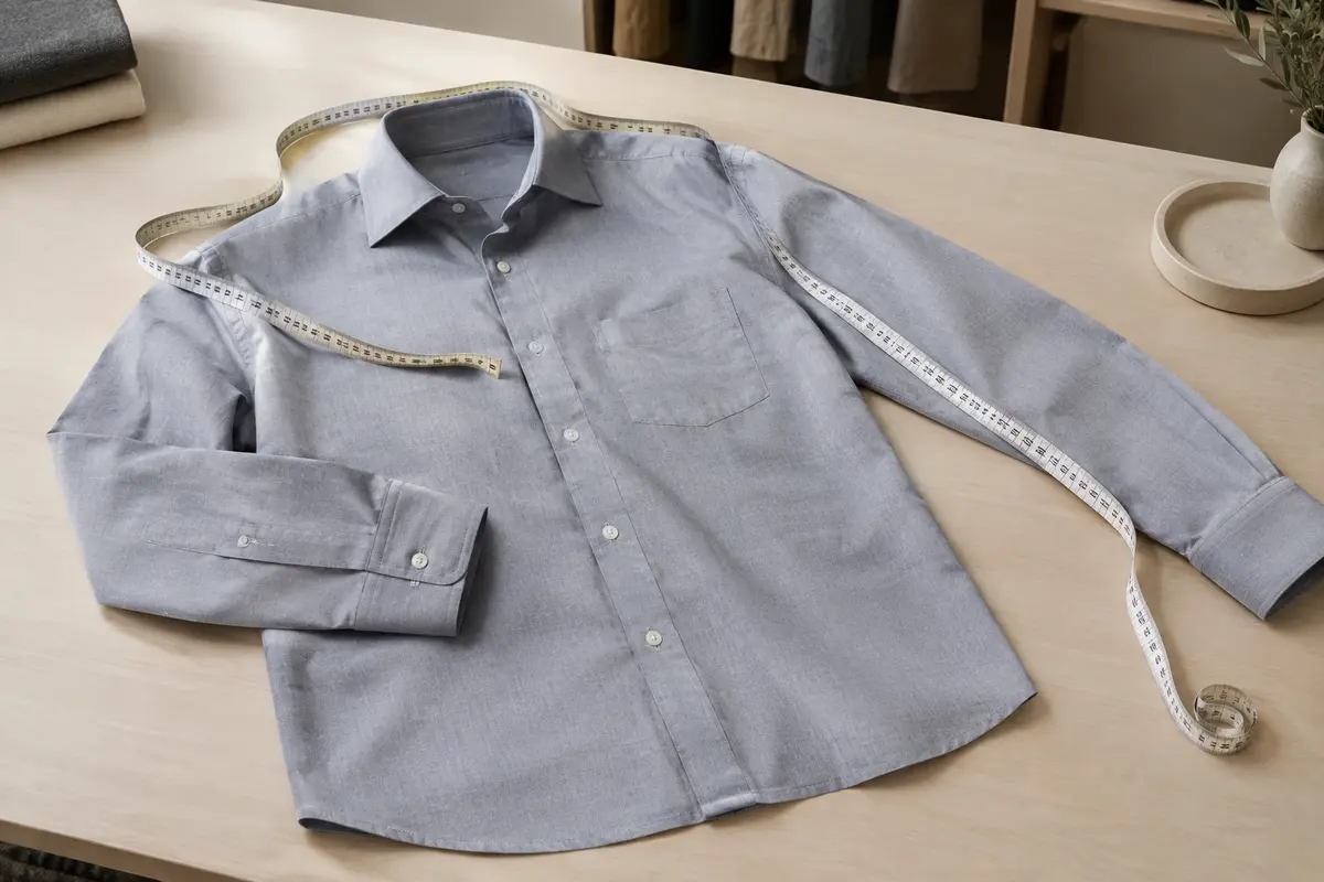Chemise homme à plat avec un mètre ruban près du col et de la manche pour illustrer la prise de mesures.