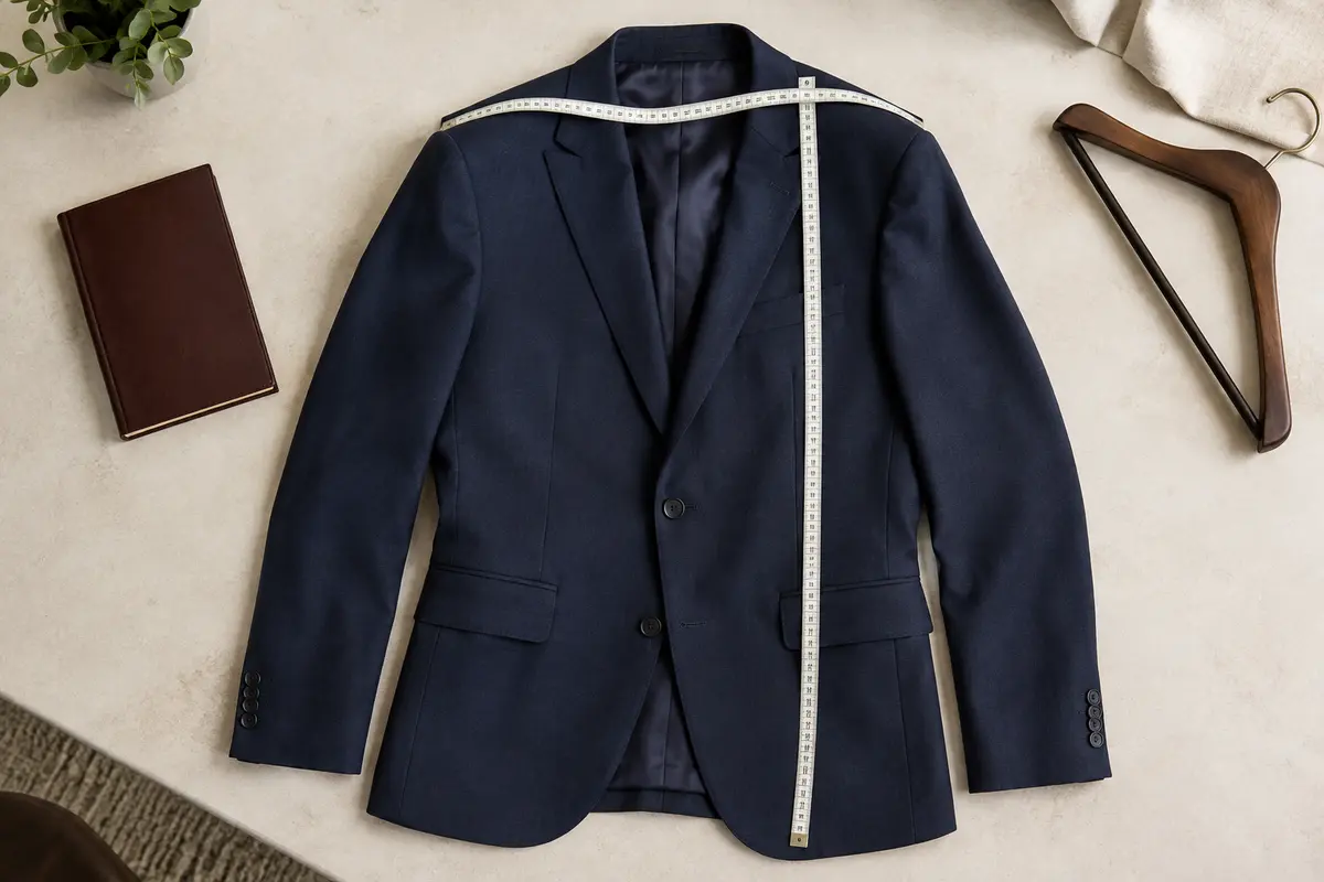 Veste de costume bleu marine à plat avec un mètre ruban posé sur la ligne des épaules