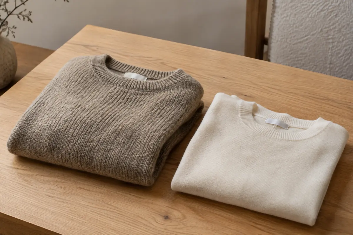 Pulls en laine et en coton pliés côte à côte, montrant leurs différentes textures de maille