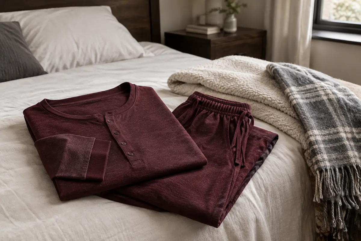 Pyjama à manches longues plié près d’une couverture et d’un plaid dans une chambre fraîche.