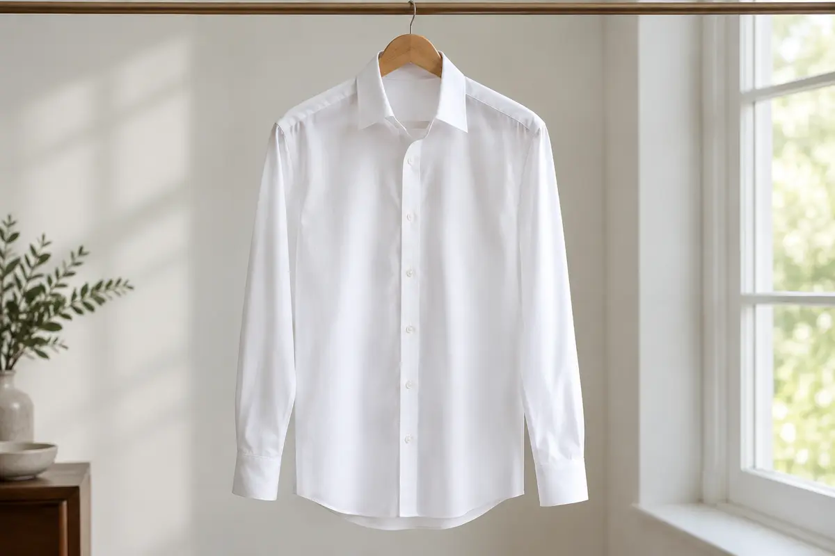 Chemise homme lissée sur un cintre aux épaules arrondies, suspendue dans une pièce lumineuse.