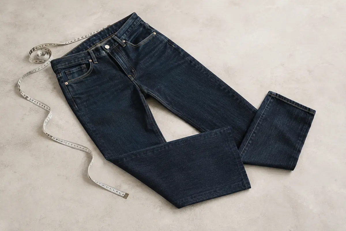 Jean bleu posé à plat avec un mètre ruban près de la ceinture pour illustrer la prise des mesures.