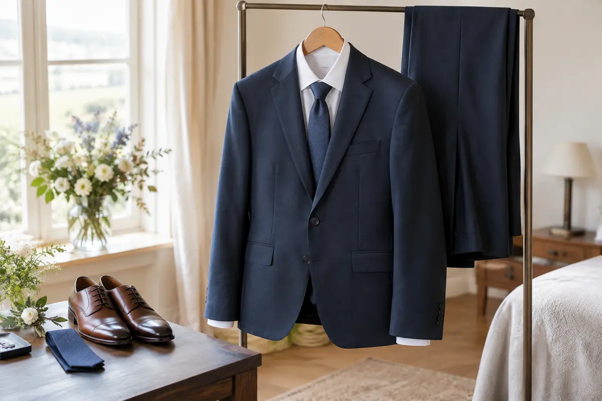 Costume bleu marine, chemise claire et accessoires sobres préparés pour un mariage