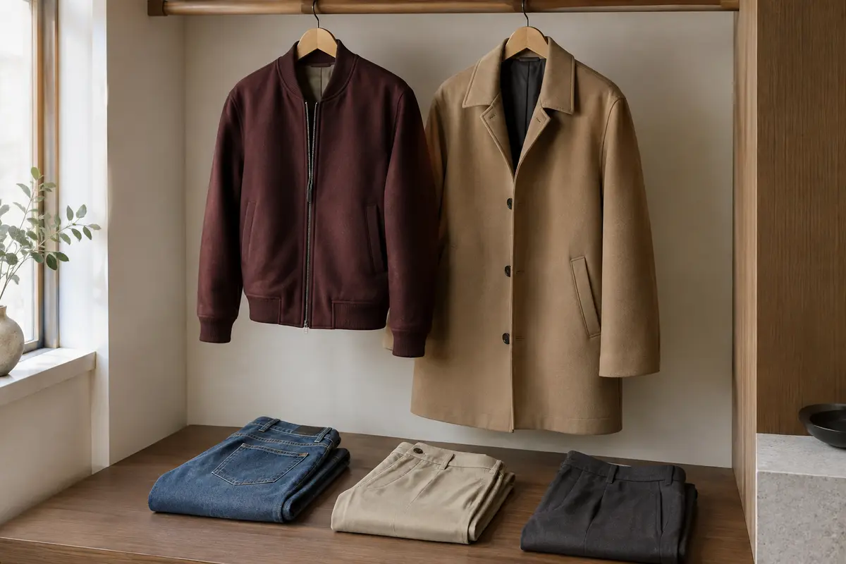 Deux vestes homme de longueurs différentes présentées avec un jean, un chino et un pantalon de ville.