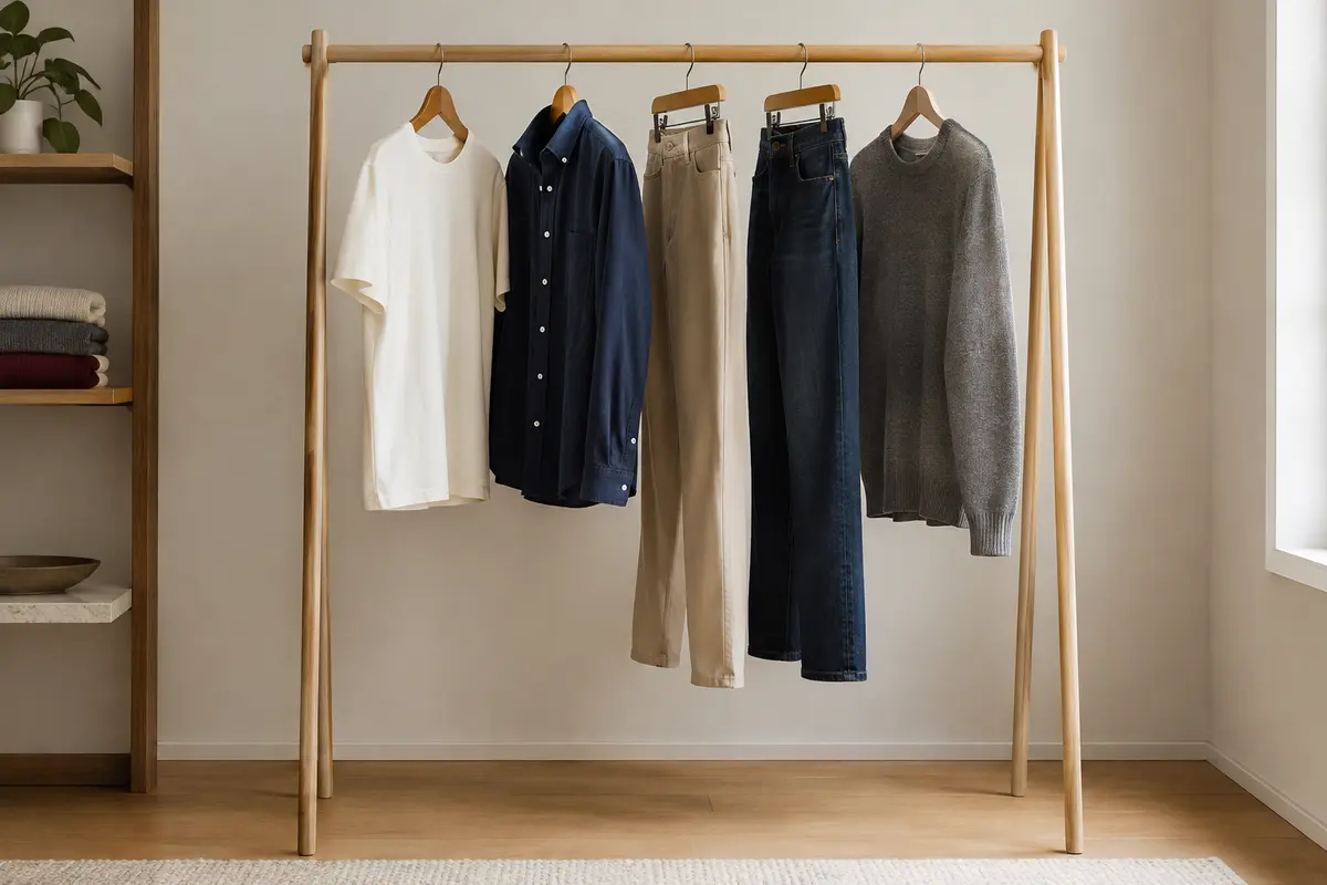 Quelques vêtements masculins aux couleurs sobres, coordonnés sur un portant dans une pièce lumineuse.