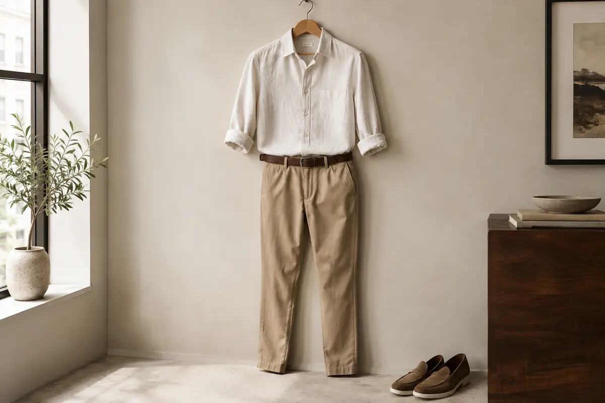 Chemise claire et chino beige composent une tenue estivale masculine soignée, présentée sans personne.