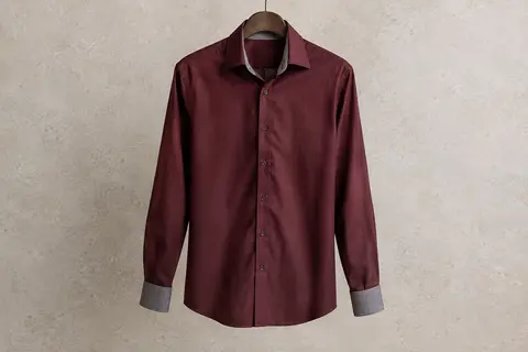 Chemise habillée à manches longues sur cintre, avec détails contrastés au col et aux poignets.