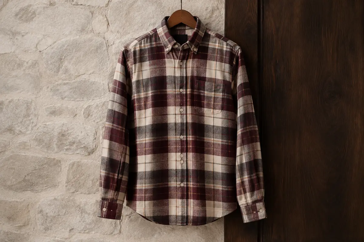 Chemise homme à carreaux en flanelle de coton, avec manches longues et col boutonné