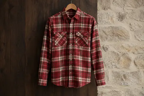 Chemise rouge à carreaux en flanelle de coton, boutonnée et présentée seule sur un fond de bois sombre.