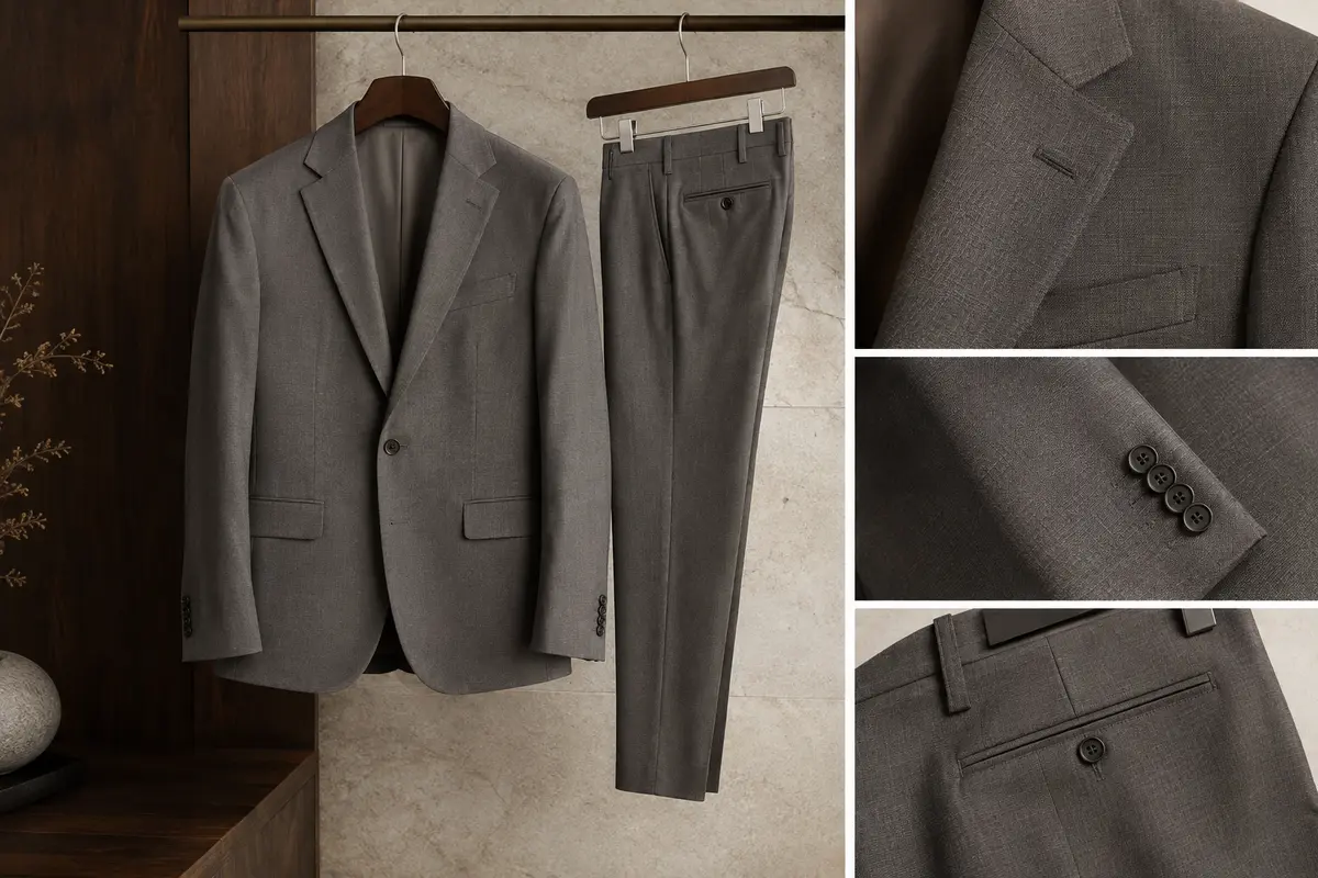 Costume homme deux pièces avec blazer à poches et pantalon assorti, présenté sur des cintres dans un décor épuré