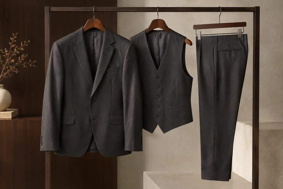 Costume homme trois pièces présenté sur des cintres, avec veste, gilet et pantalon visibles dans un décor épuré.