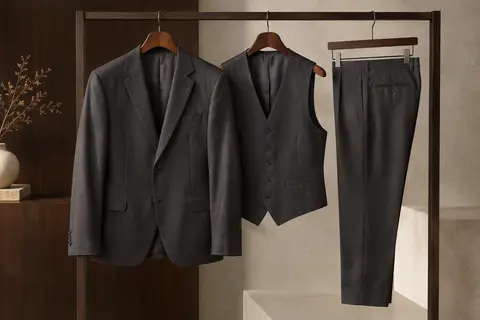 Costume homme trois pièces présenté sur des cintres, avec veste, gilet et pantalon visibles dans un décor épuré.