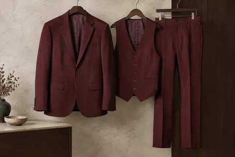 Costume homme trois pièces avec veste à un bouton présenté sur des cintres devant un fond de pierre claire.