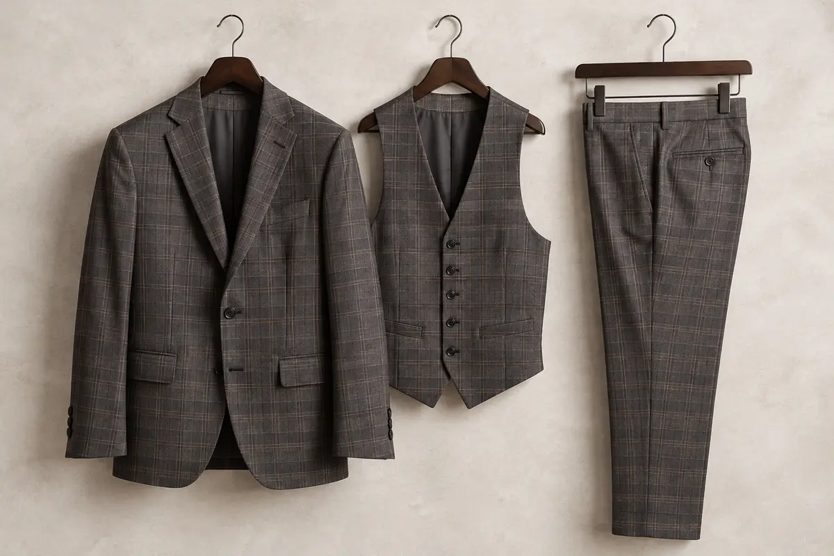 Costume homme trois pièces à carreaux avec veste à deux boutons, gilet et pantalon slim