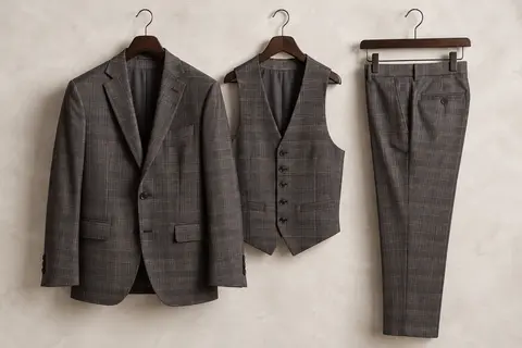 Costume homme trois pièces à carreaux avec veste à deux boutons, gilet et pantalon slim